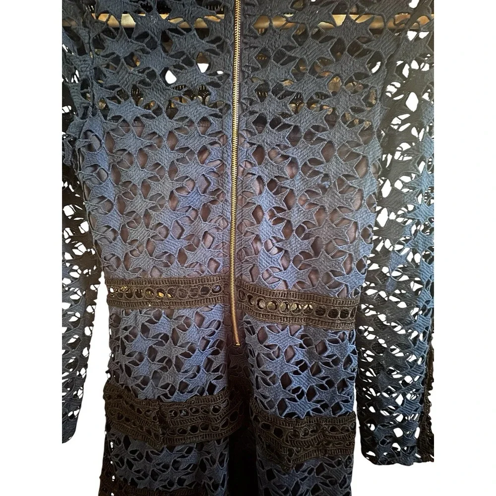 Ivivi Navy Blue Black Star Crochet Mini Dress Sz Medium Tiered Ruffles High Neck